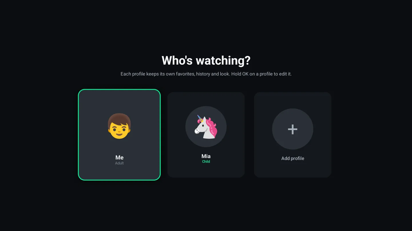 The Who's watching screen showing an adult profile, a child profile named Mia, and Add profile.