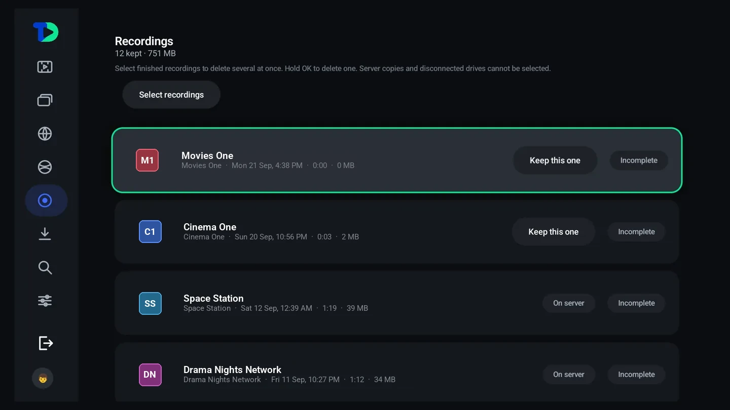The recordings page: 12 kept, 751 MB in all, a Select recordings button, and each recording with its channel, date, duration and size, marked Keep this one, On server or Incomplete.