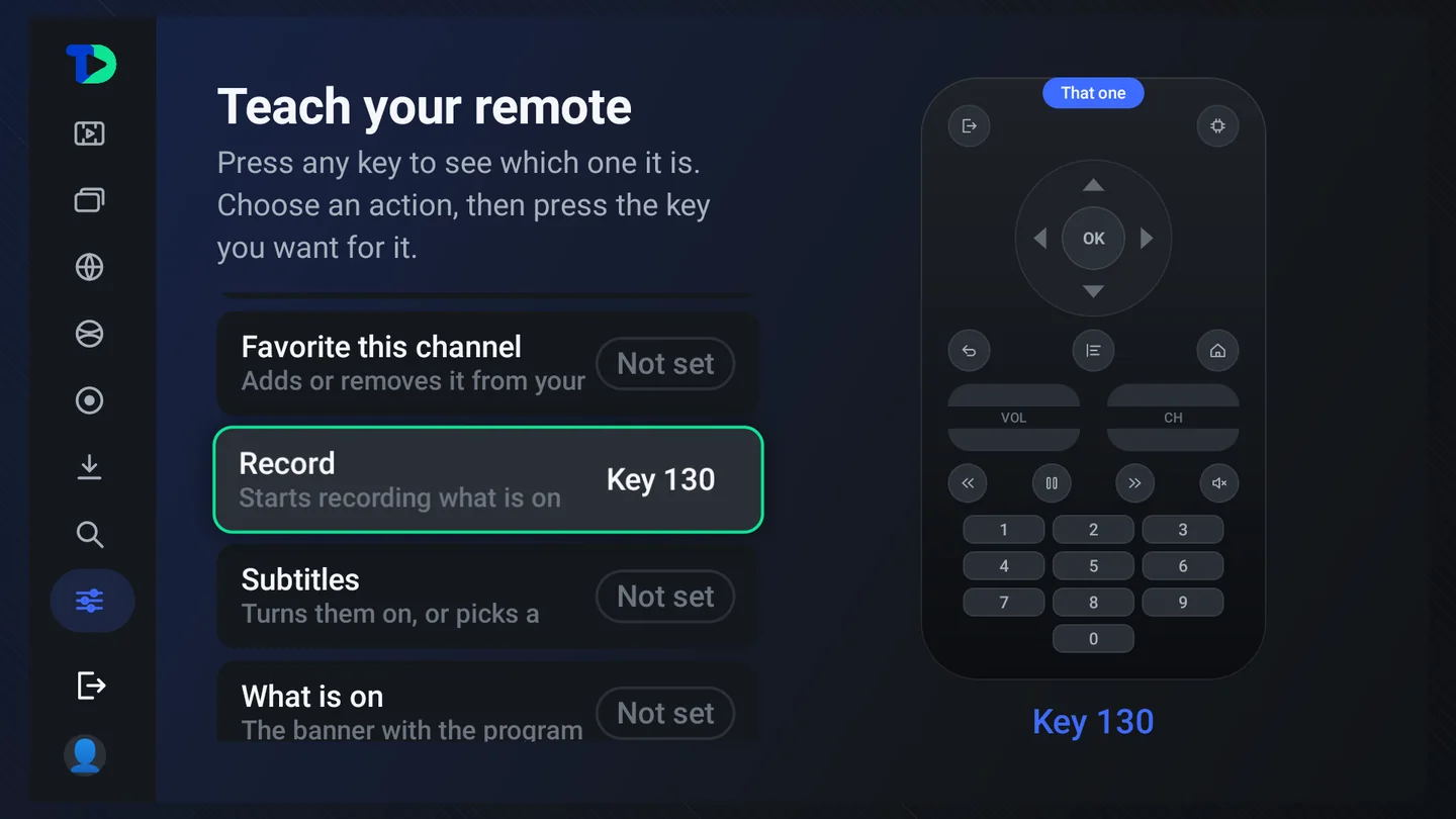 Teach your remote: the Record action bound to Key 130, with a drawn remote pointing at that key.