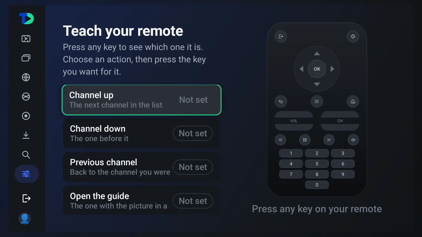 Teach your remote: a list of actions with their current key on the left, and a drawn remote on the right.