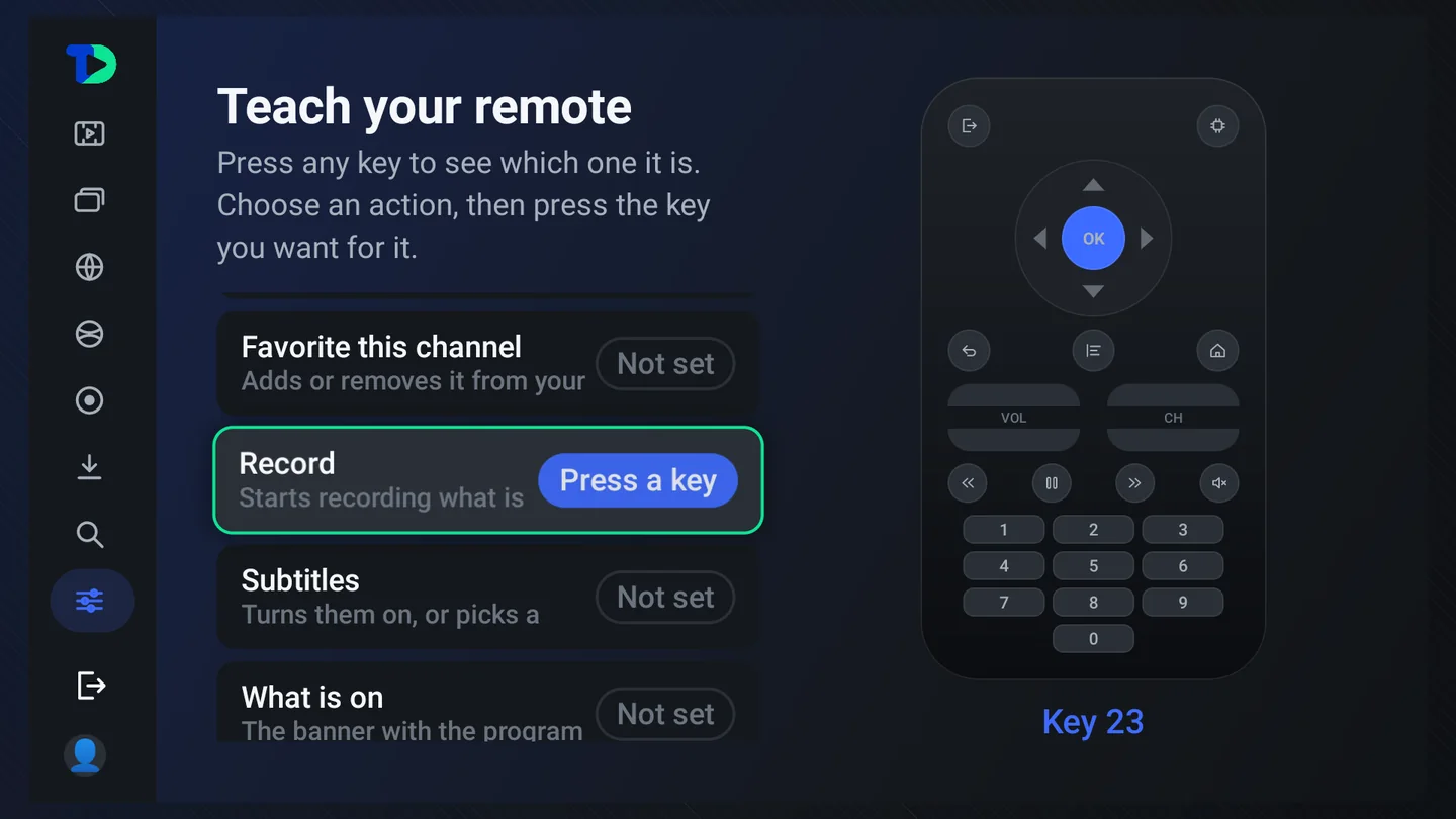 The Record action waiting, with Press a key on it, and the drawn remote lighting up the OK key with its code.