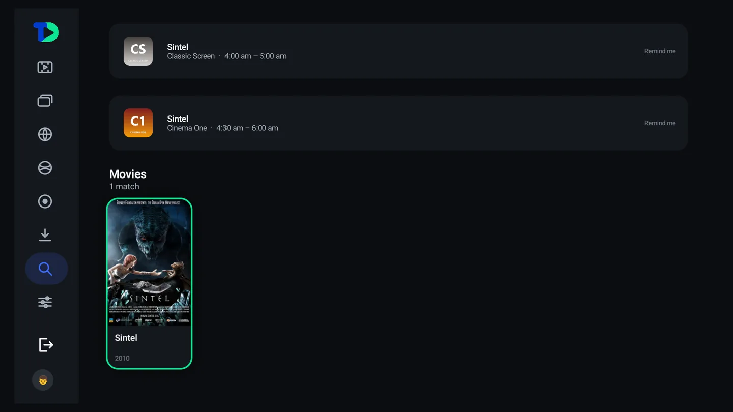 A search for sintel: programs on several channels, then Movies with one match and the film's poster.