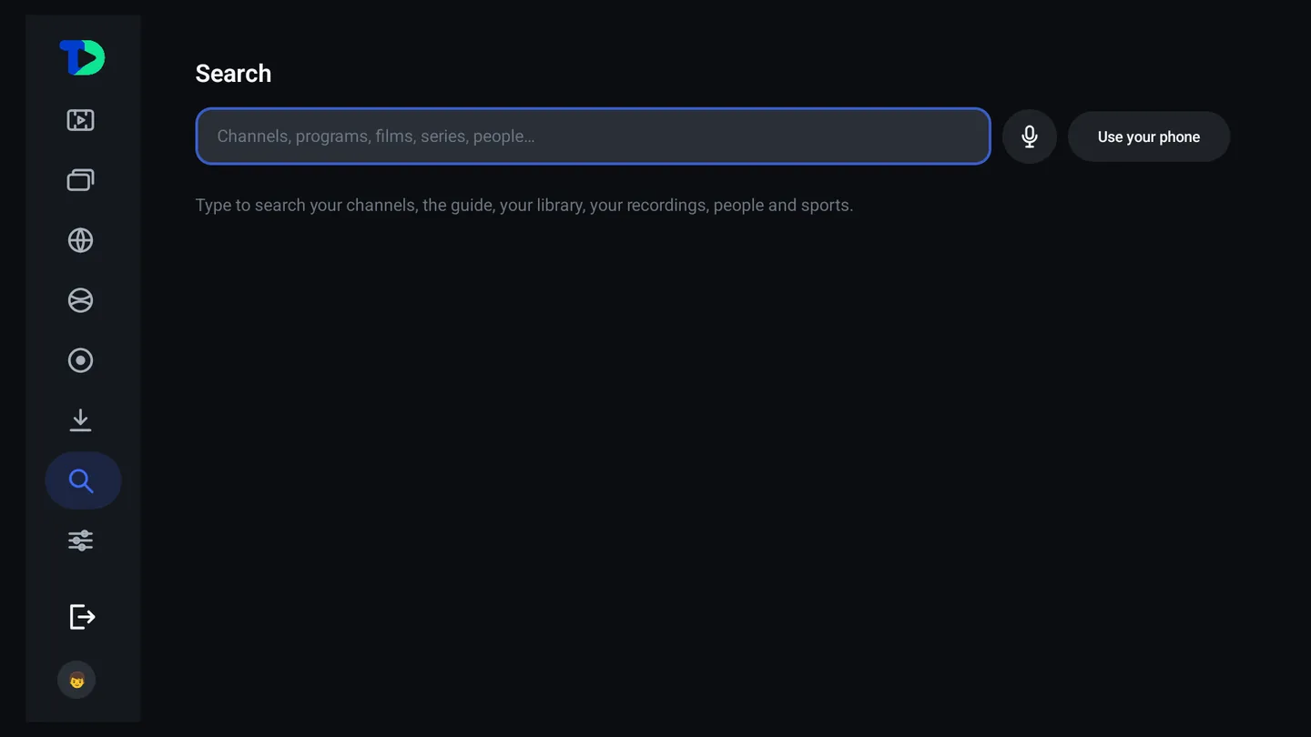 The empty search screen: a field for channels, programs, films, series and people, a microphone, and Use your phone.