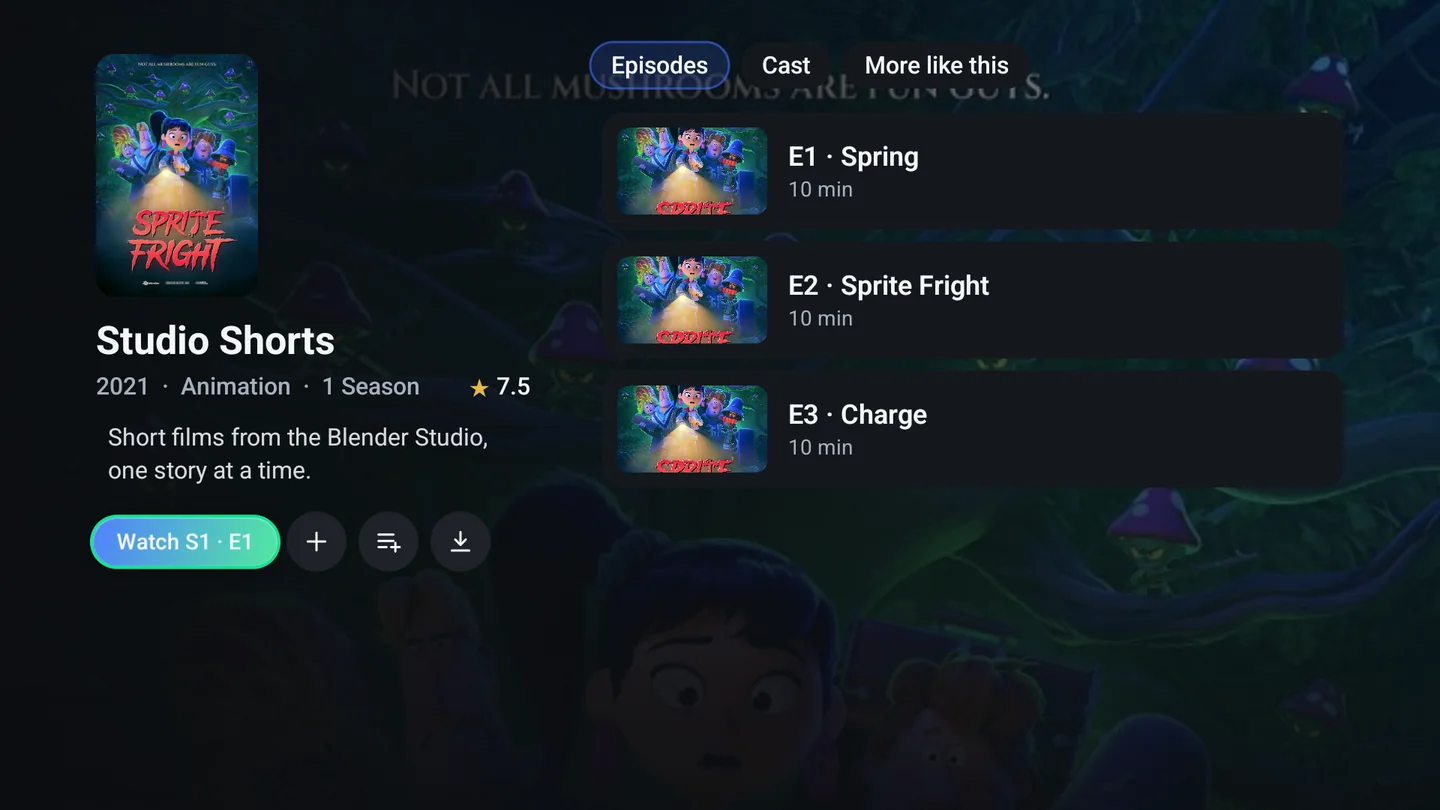A series page for Studio Shorts: poster, Watch S1 E1 button, Episodes / Cast / More like this tabs, and episode rows with stills and runtimes.