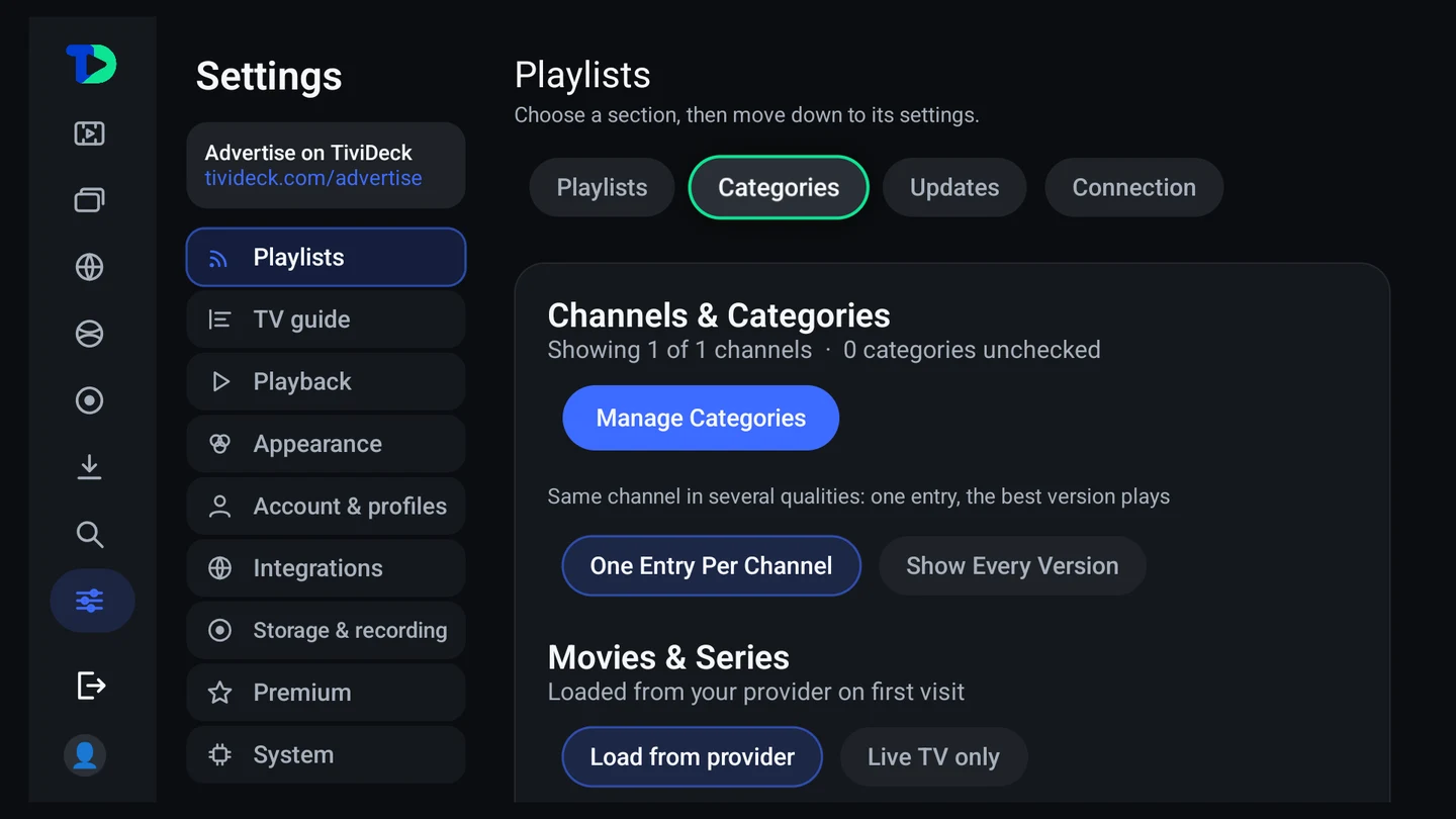 The Channels and Categories section of settings, showing how many channels are shown of the total, with Manage Categories and Check Everything buttons.