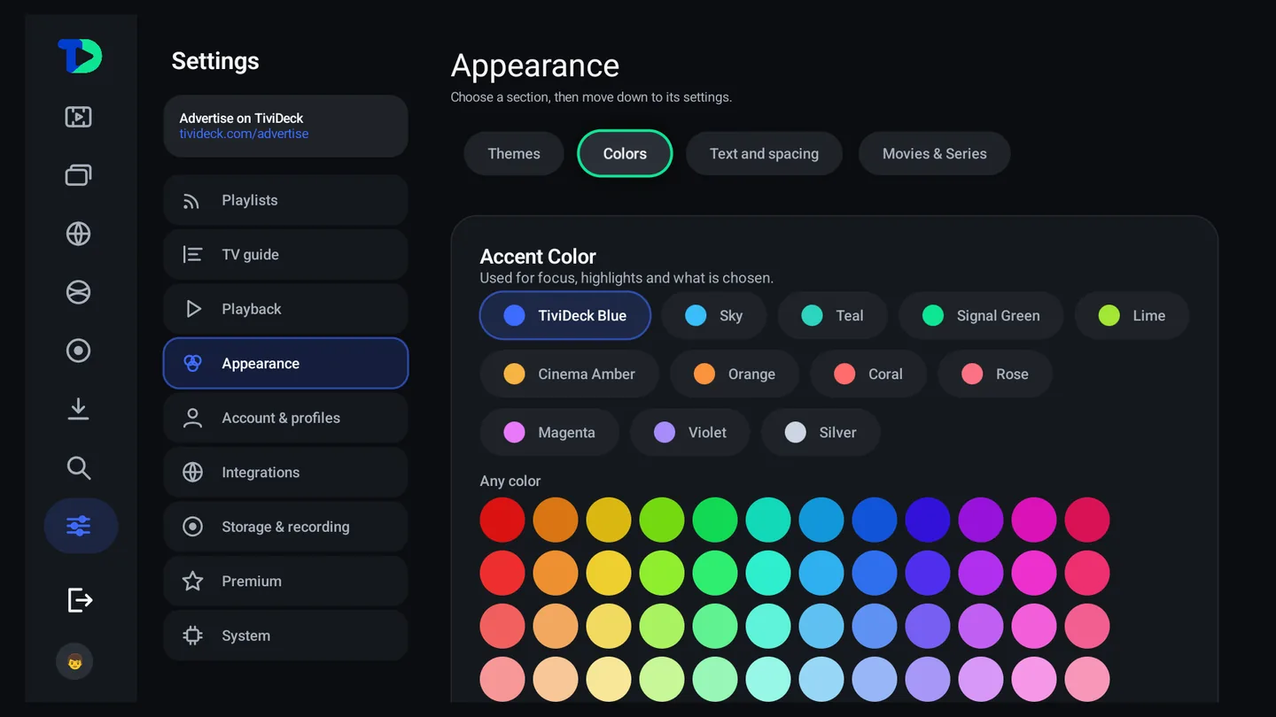 The Colors tab with named accent colors and a full color grid.