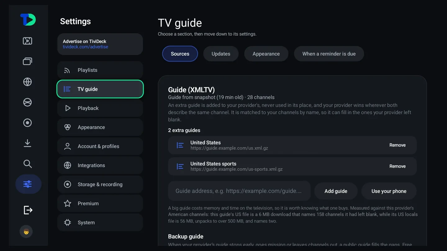 TV guide settings: an XMLTV guide from snapshot covering 28 channels, two extra guides for the United States and United States sports, a field to add a guide address, and Use your phone.