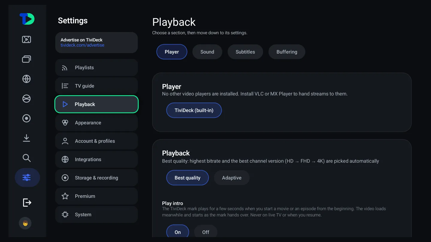 Playback settings: the player (TiviDeck built-in), quality set to Best quality or Adaptive, and Play intro on or off.
