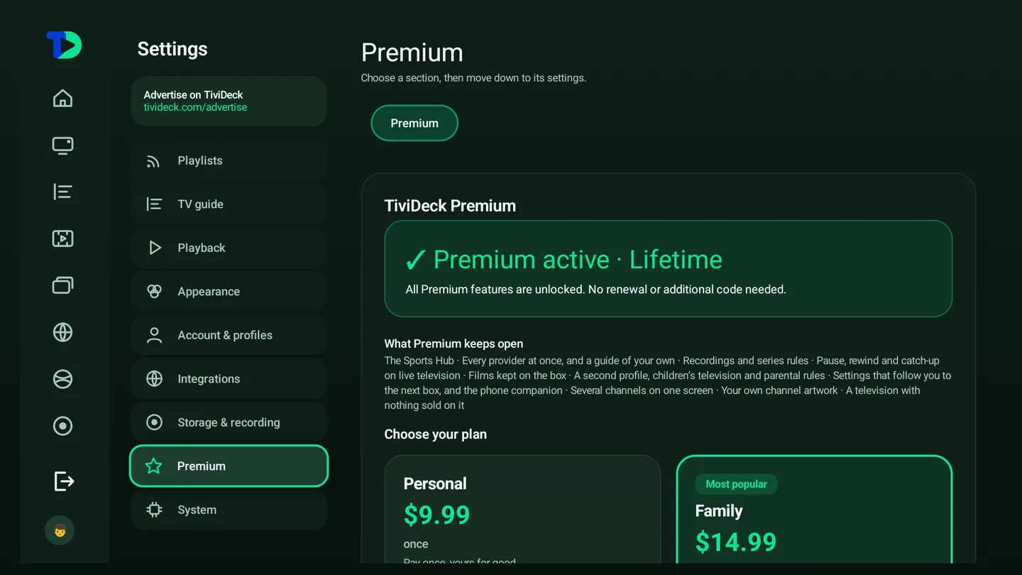 The Premium settings page on a television: the current plan, what Premium keeps open, and Choose your plan with Personal at $9.99 and Family at $14.99, most popular, each once.
