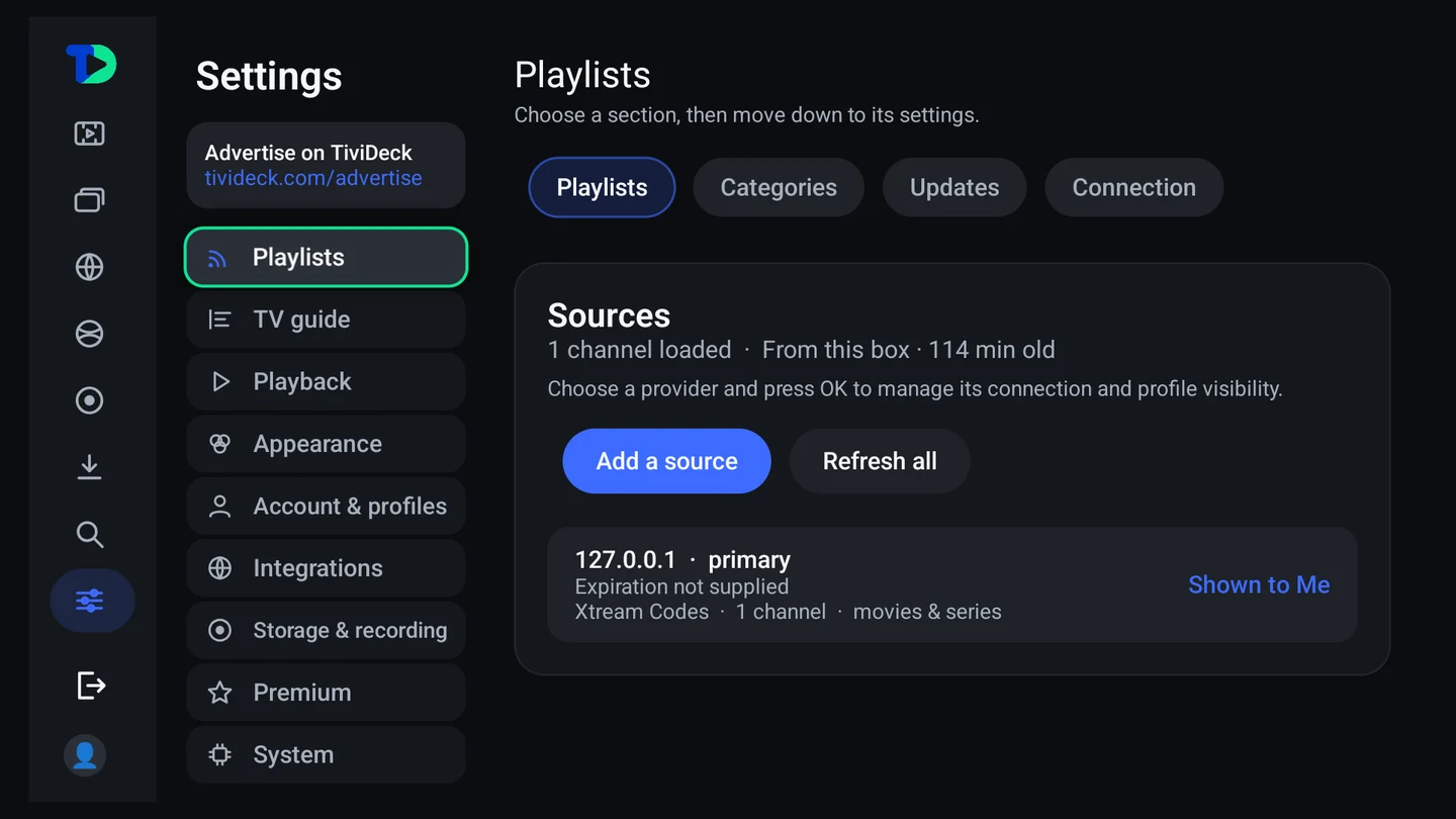Settings sources: providers with channel counts and per-profile visibility, and a Channels & Categories section.