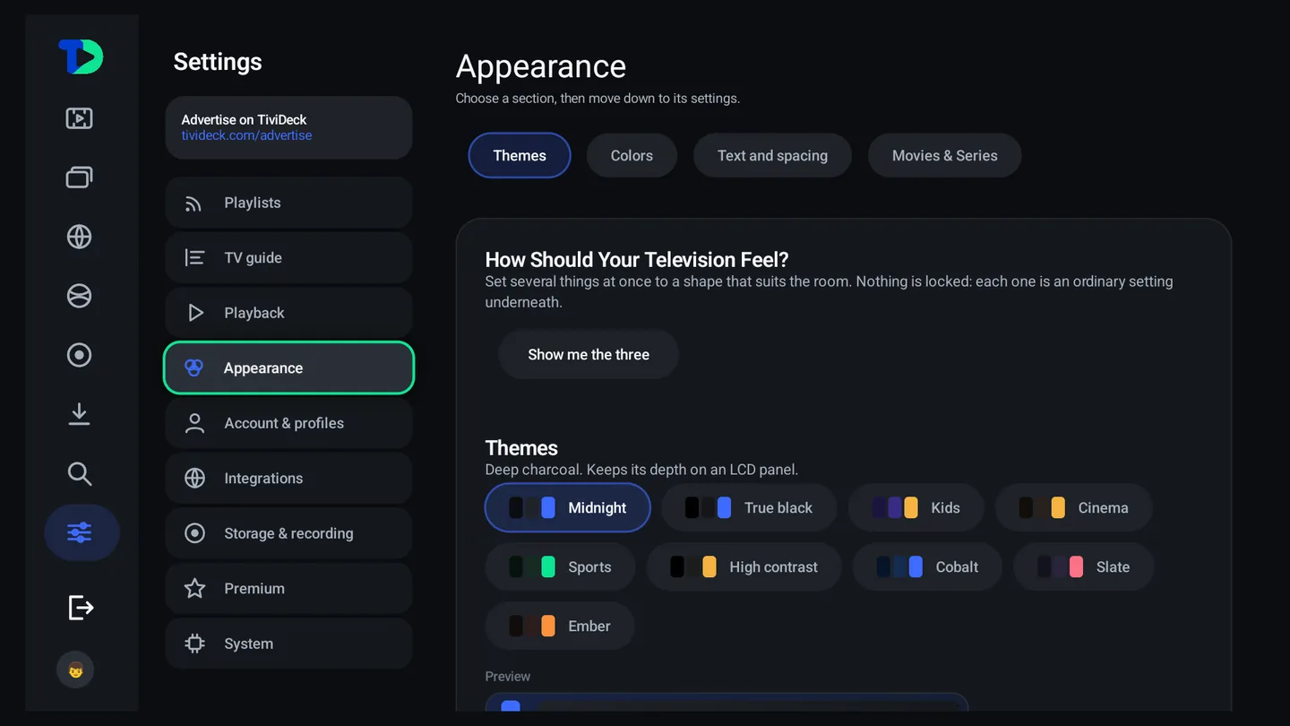 Appearance settings: Themes, with Midnight, True black, Kids, Cinema, Sports, High contrast, Cobalt, Slate and Ember themes and a live preview.