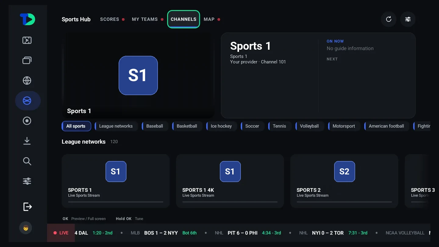 The Sports Hub Channels tab: a sports channel in the preview with its now and next, sport chips, and a row of league networks from the household's provider.