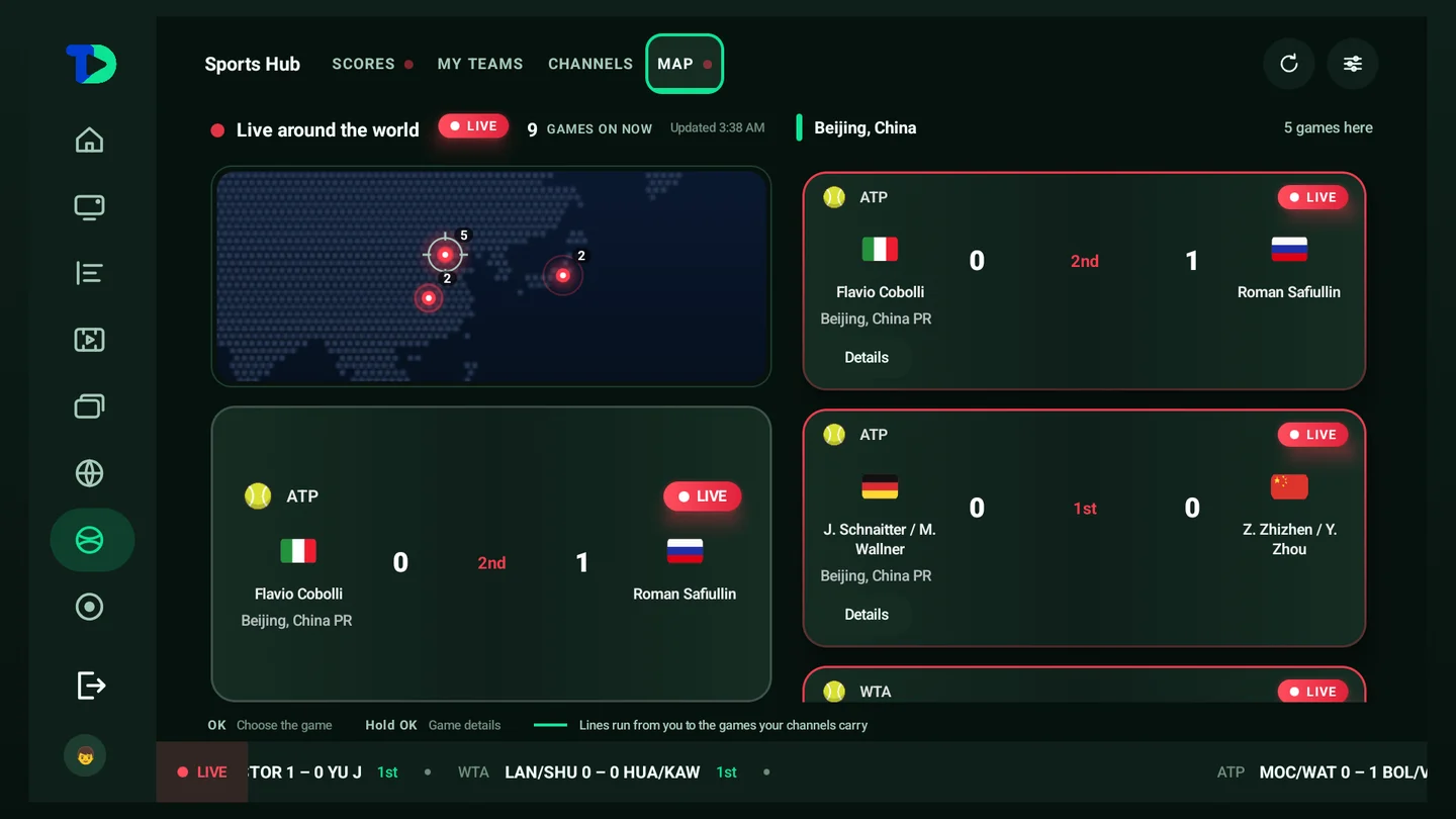 The live map with nine games on now: marks over Beijing and Tokyo, the lit place&rsquo;s games listed at the side, their tops level with the map, and the lit game&rsquo;s card under the map.