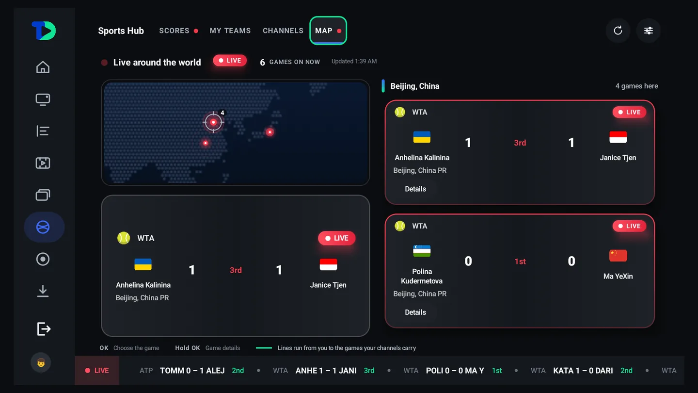 The live map with games lit in Asia, WTA tennis in Beijing among them, and the games in the lit place listed beside it with their scores.