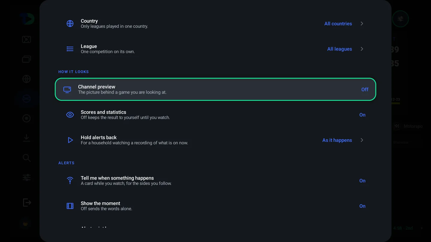 Sports view options scrolled down: channel preview off, scores and statistics on, hold alerts back, and the alerts Tell me when something happens and Show the moment.