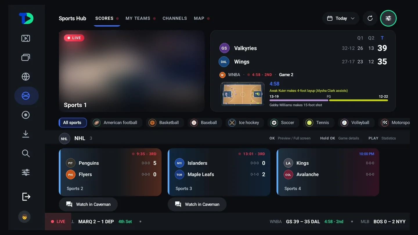 The Sports Hub Scores tab: a live WNBA playoff game, Valkyries at Wings, playing in the preview beside a quarter-by-quarter scoreboard and the latest play, sport chips, NHL games below with their channels, and a live score ticker along the bottom.