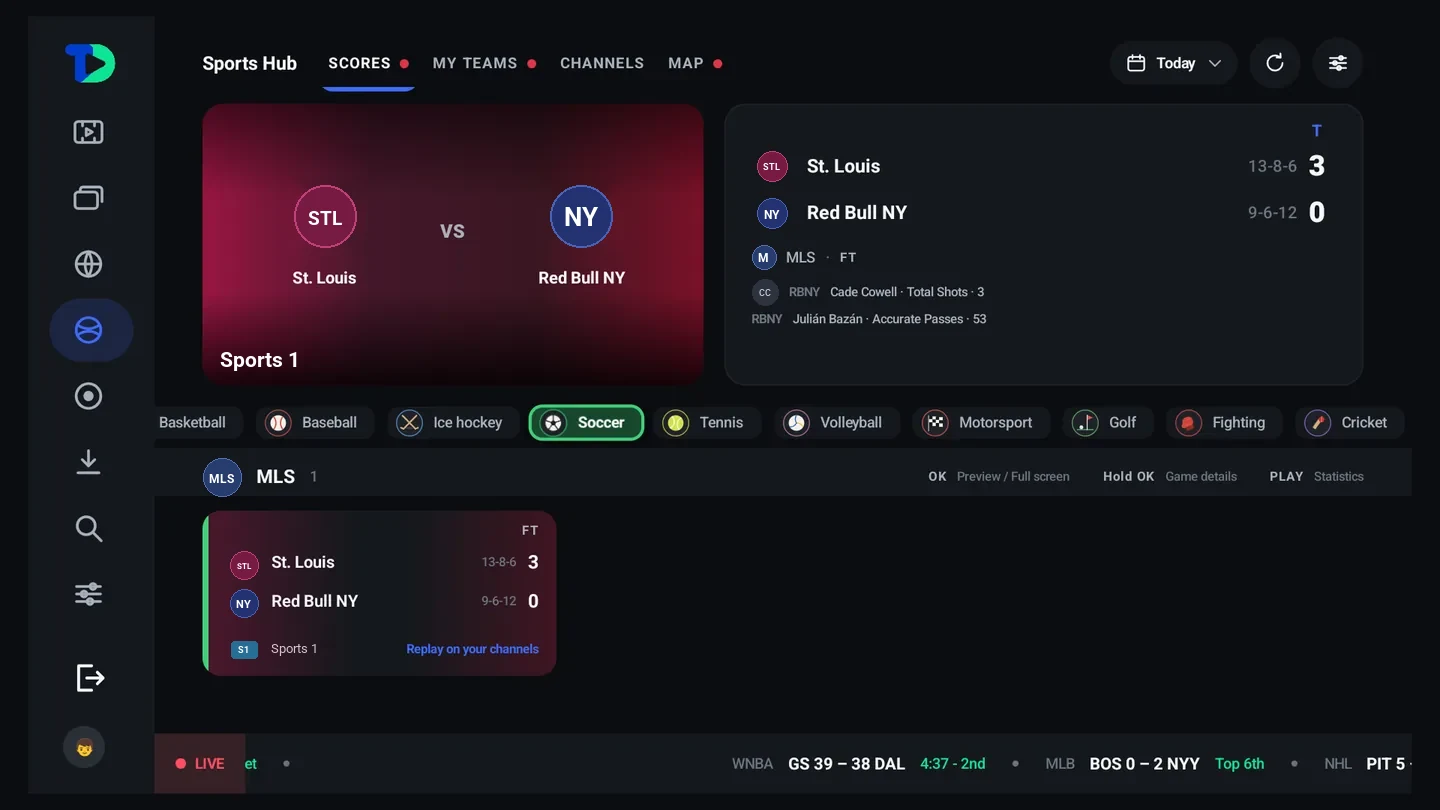 The Scores tab filtered to soccer: an MLS final, St. Louis 3-0 Red Bull NY, with the leading players and Replay on your channels.