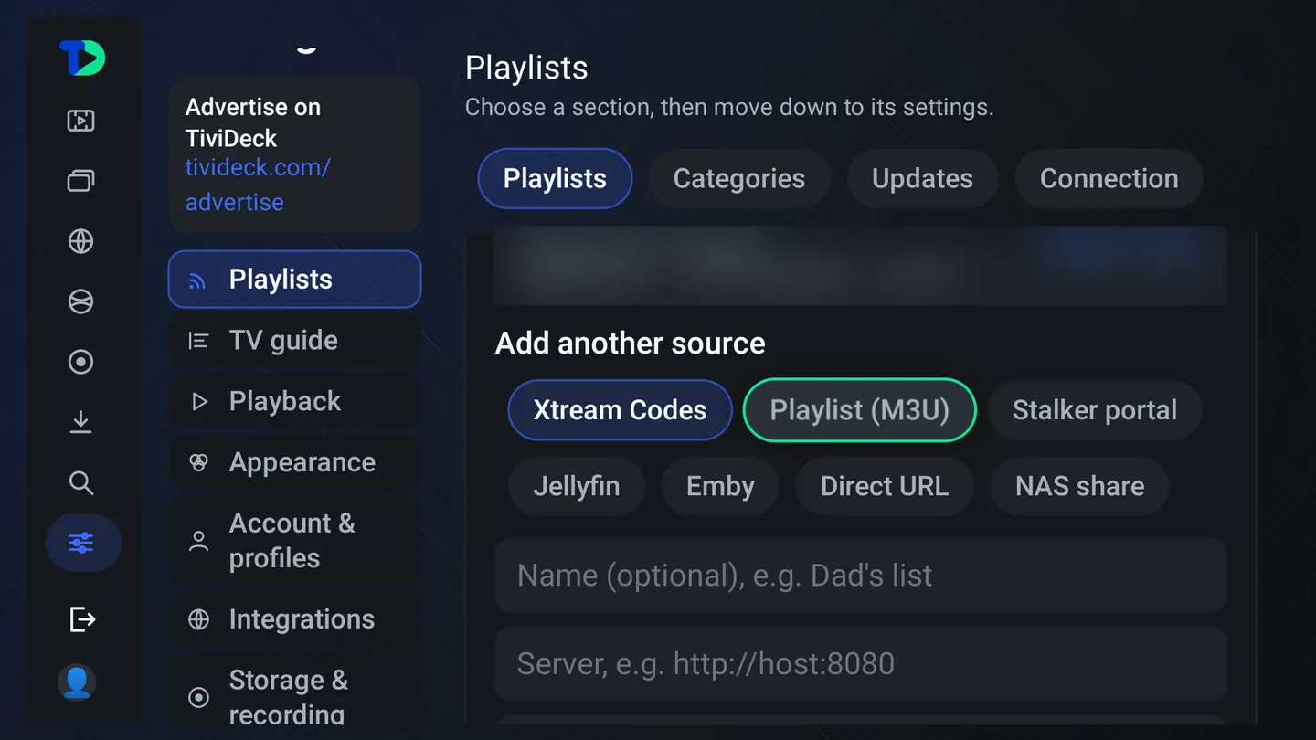 Settings, Playlists: Add another source with a chip for each kind, Xtream Codes, Playlist (M3U), Stalker portal, Jellyfin, Emby, Direct URL and NAS share, then the Name (optional) and Server fields.
