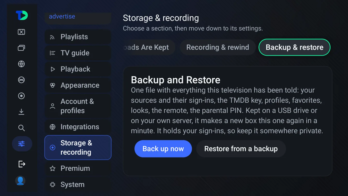 Settings, Storage and recording, Backup and restore: what the backup file holds, and the Back up now and Restore from a backup buttons.