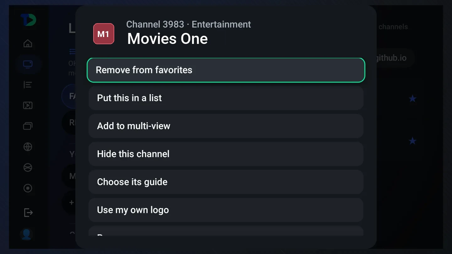 The sheet for FXX West HD, channel 3983 in Entertainment: Remove from favorites, Put this in a list, Add to multi-view, Hide this channel, Choose its guide and Use my own logo.