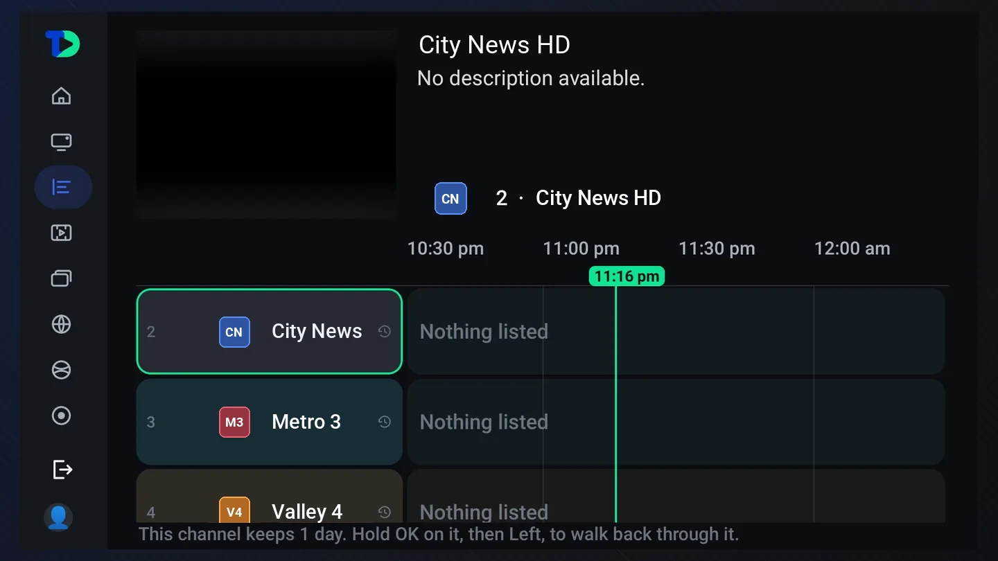 The TV guide showing My lineup: NBC Philadelphia HD on 2, CBS HD on 3 and ABC HD on 4, against the timeline and the current time.