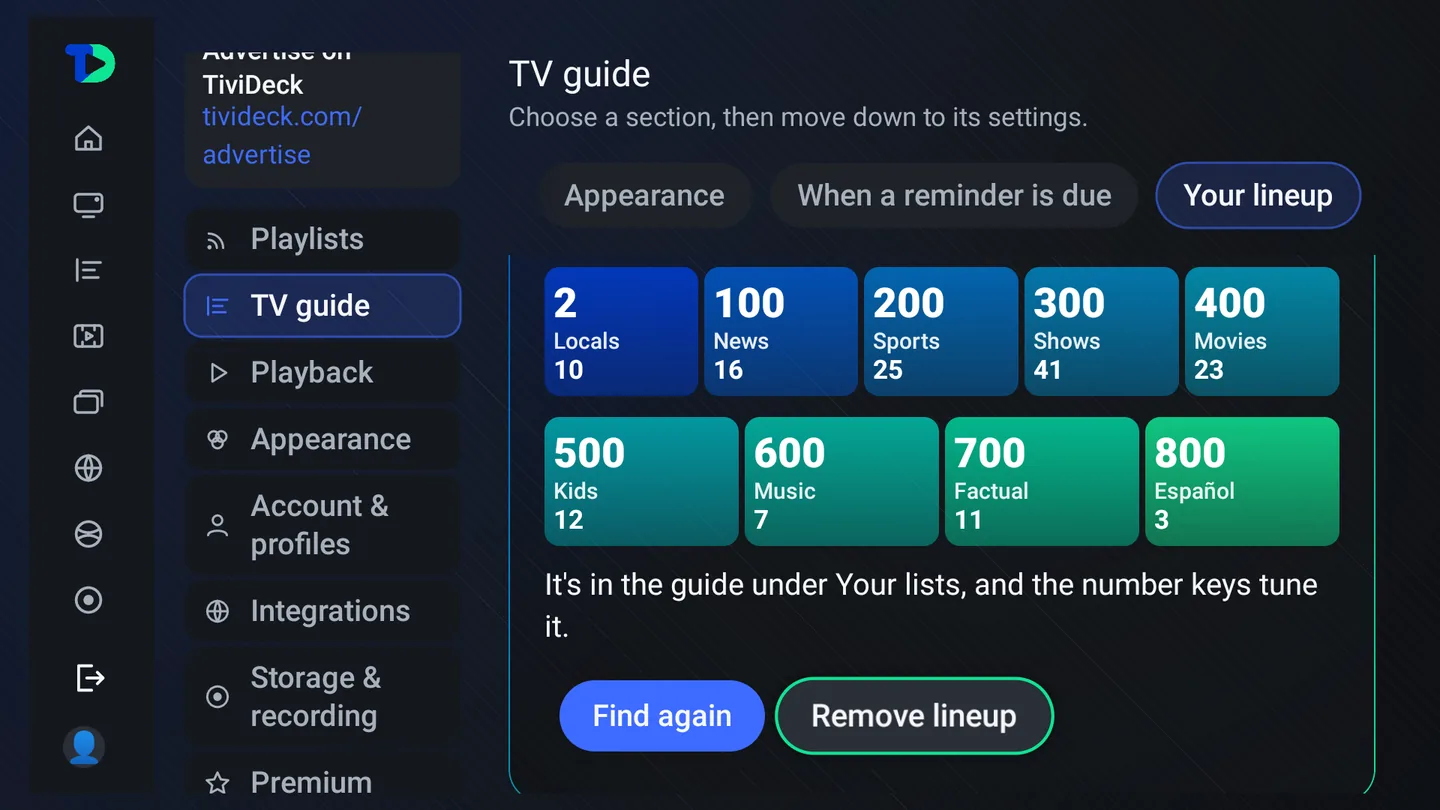 Settings, TV guide, Your lineup: Familiar numbering, Your channels, on the numbers you expect, and a tile for each block with its channel count, from 2 Local with 10 to 800 Spanish with 3.
