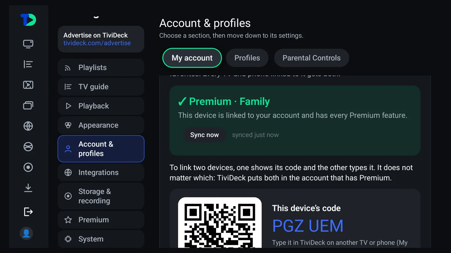 Settings, Account and profiles, My account on the TV: Premium, Family with Sync now, the rule that one device shows its code and the other types it, and this device&rsquo;s code with a QR.