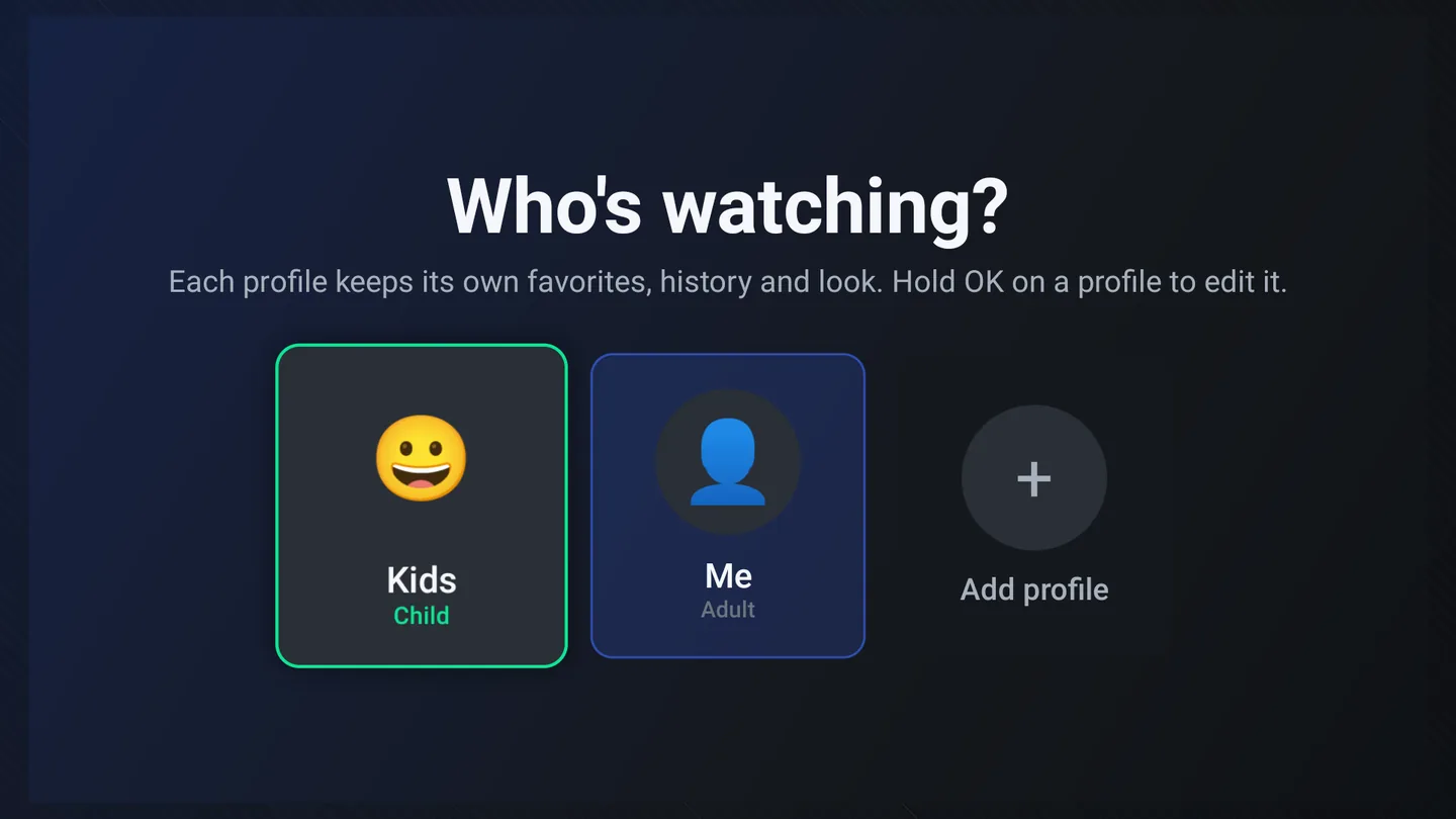 Who's watching? with a Kids profile marked Child, a Me profile marked Adult, and Add profile.