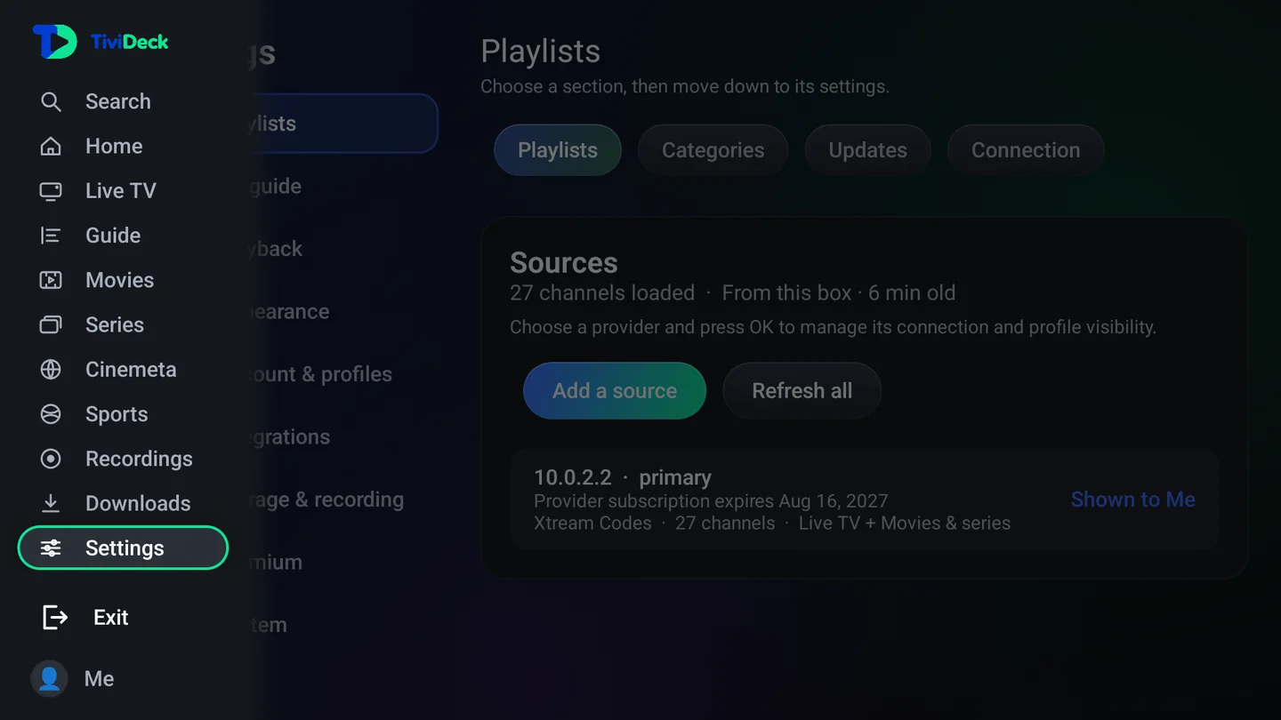 The rail open over Settings: Search, Home, Live TV, Guide, Movies, Series, Cinemeta, Sports, Recordings, Downloads, Settings highlighted, Exit and the Me profile.