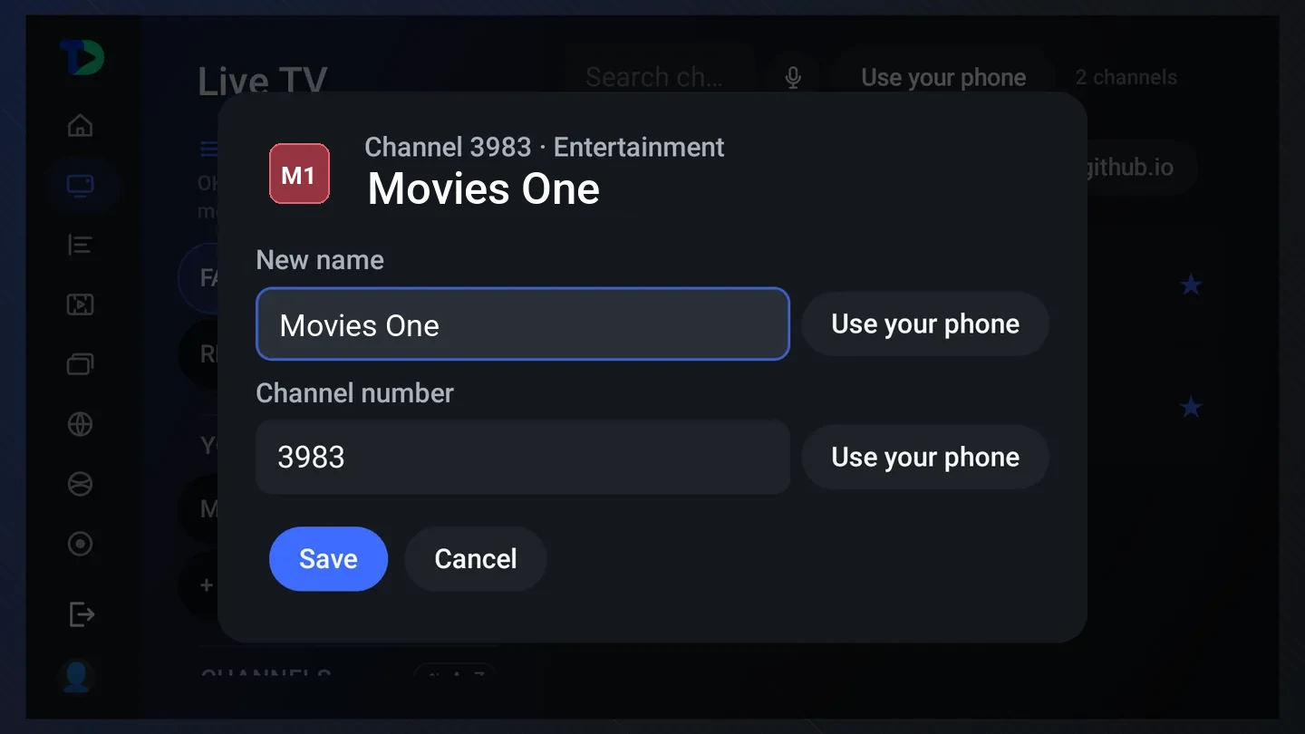 Rename for FXX West HD: a New name field, a Channel number field showing 3983, Use your phone beside each, and Save and Cancel.