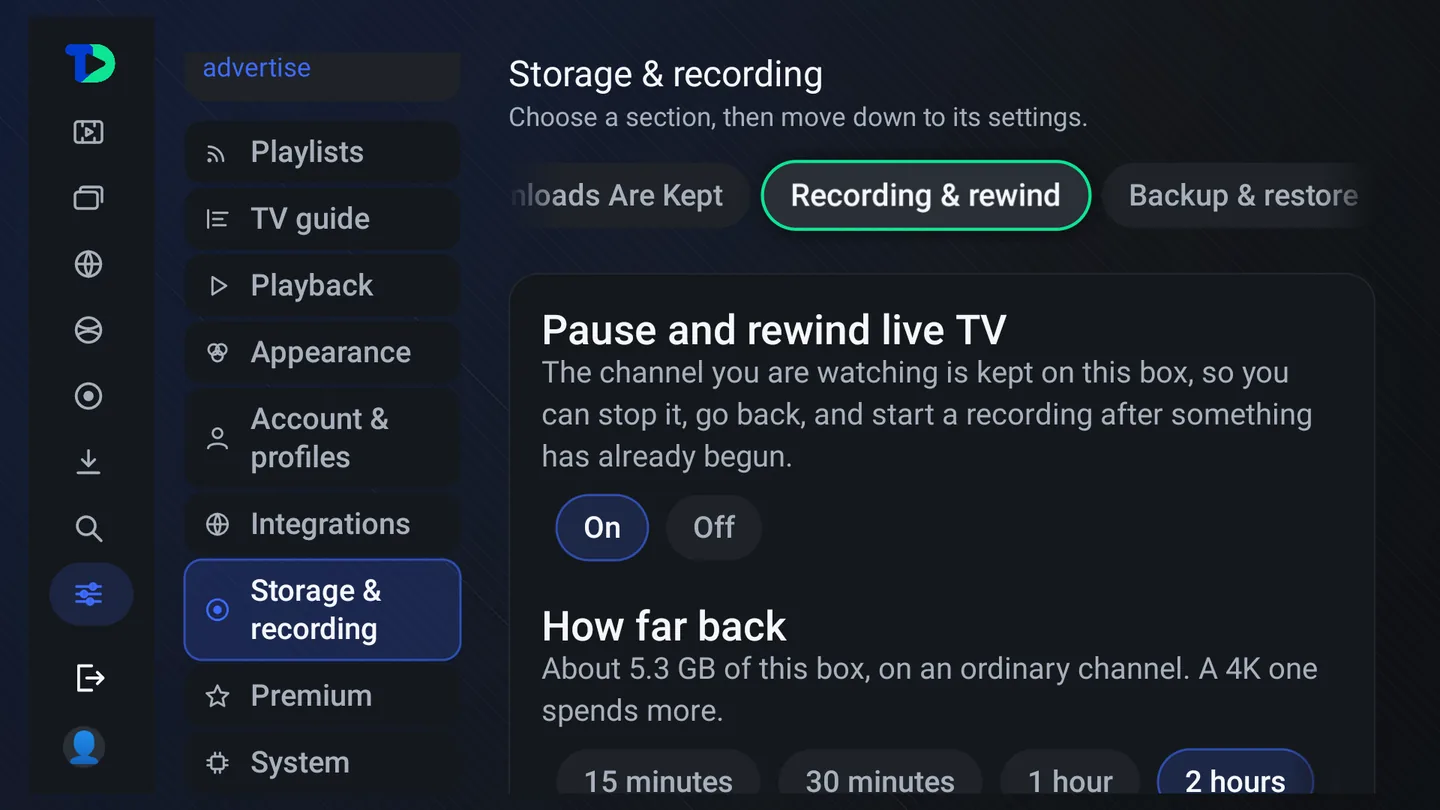 Settings, Storage and recording, Recording and rewind: Pause and rewind live TV set to On, and How far back with 15 minutes, 30 minutes, 1 hour and 2 hours, 2 hours chosen, about 5.3 GB of this box.