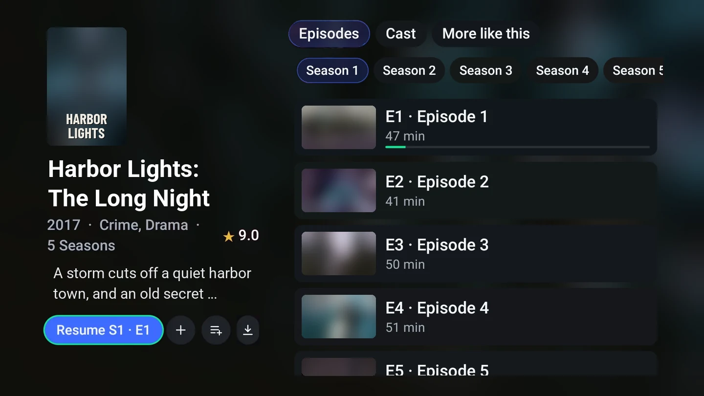 The page for Money Heist: poster, year, genres, 5 seasons, rating and story, Resume S1 E1, add to list, add to a playlist and download buttons, Episodes, Cast and More like this tabs, a chip per season, and the episodes with stills, runtimes and a progress bar.