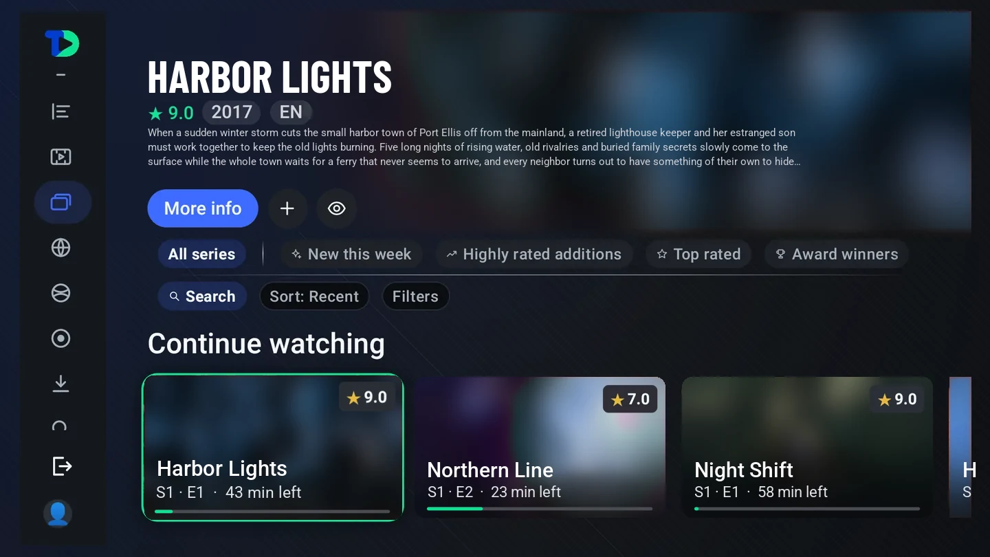 The Series screen: Money Heist featured with its rating, year and story, More info, add to list and watched buttons, chips for All series, New this week, Highly rated additions, Top rated and Award winners, Search, Sort and Filters, and a Continue watching row with the time left on each.