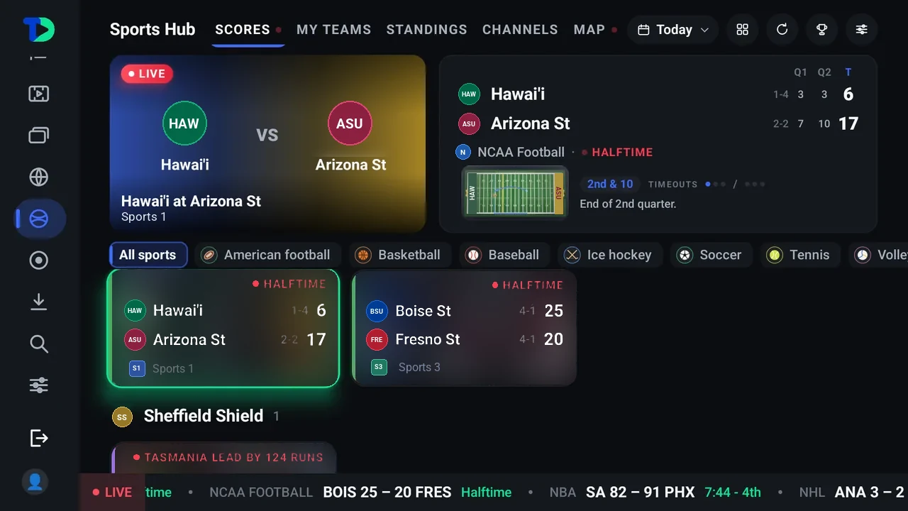 The TiviDeck Sports Hub on a television: a live WNBA game with the score by quarter and the latest play, beside a row of live college volleyball scores and a ticker of NHL games.